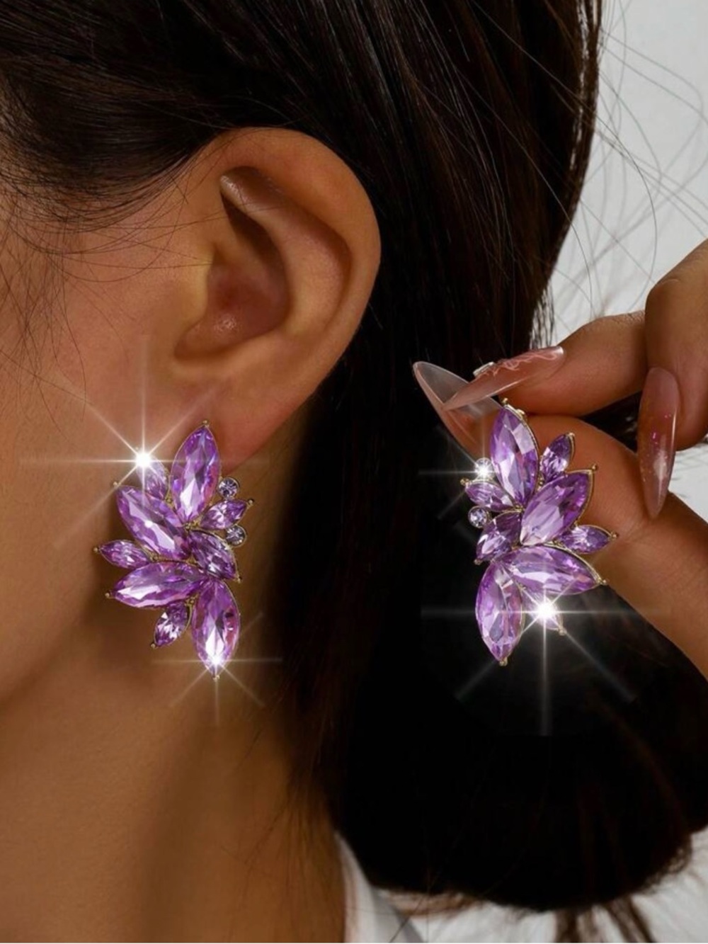 Purple Crystal Floral Statement Earrings - 1 Pair